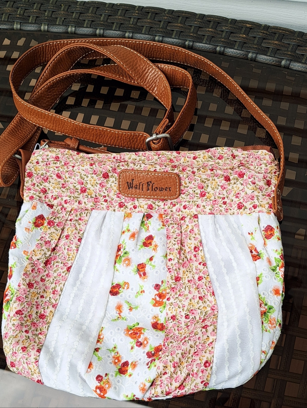 Wallflower Pink Floral Patchwork Crossbody with Brown Strap
